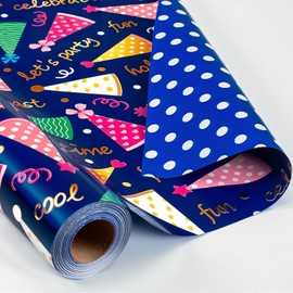 Birthday Wrapping Paper Roll - 17 Inch X 33 Feet - Reversible Metallic Foil Navy Blue Party Hat Theme Boy Gift Wrap Paper Blue Polka Dot Men Present Sheet for Kid Birthday, Party, Holiday, Celebration