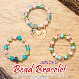 Jovono Boho Beaded Stackable Bracelets Layered Leaf Elastic Hand Chain Vintage Evil Eyes Heart Beads Bangles Bracelet Chains Set for Women(3PCS) (colorful)