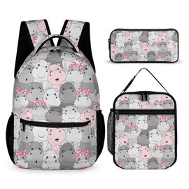 Homieblanket Hippo Backpack with Lunch Box & Pencil Case, 16 Inch Cute Hippo Themed Bookbag, Adjustable Lightweight Large Capacity, Colorful Hippo Backpack Set for Kids Girls Boys School