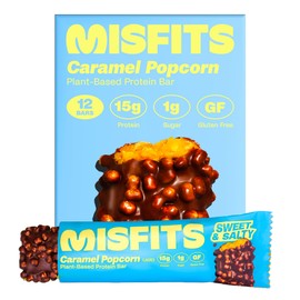 Misfits Vegan Protein (15 g) Bars, Sweet & Salty Caramel Popcorn | Plant Based, Gluten Free, Low Sugar & Carb Snacks with 4 g Fiber | Pack of 12