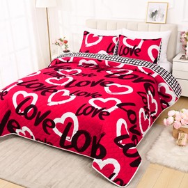 ASPMIZ 3 Pieces Valentine's Day Quilt King Size, Valentines Day Quilt Sets with 2 Pillow Shams, Reversible Love Heart King Quilt Bedding Set Soft Lightweight, Red Bedspread Coverlet, 106"x96"