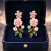 Aretes Plata 925 Oro 14k Rosa Flor Perla Zirconia Mujer