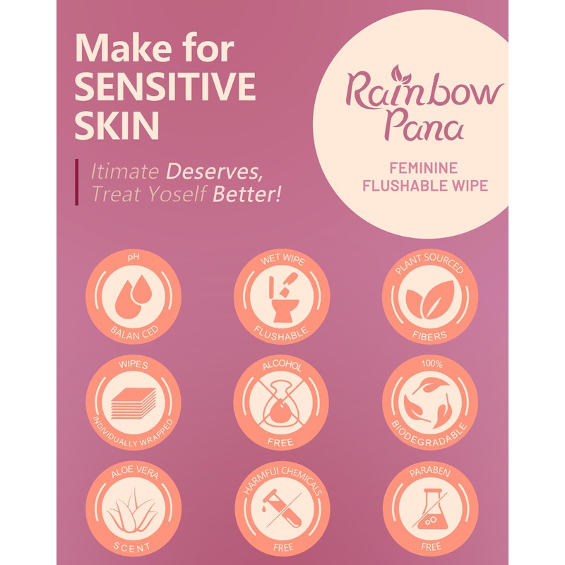 RainbowPana Feminine Wipes, 120 Count ON-THE-GO Individually Wrapped | Flushable