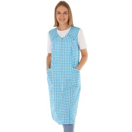Women's zip gown, sleeveless apron, kitchen apron, household apron, smock for women, chequered, 100% cotton - turquoise, size: 48