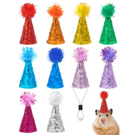 PET SHOW 10 Pack Hamster Hats Tiny Hats for Snakes Hedgehog Lizard Reptile Mini Animal Figure Hats with Tinsel Pom Adjustable Headband Guinea Pig Chicken Bird Small Pet Birthday Party Accessories