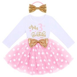 Toddler Kids Baby Girls Clothes Long Sleeve Three Letter Shirts Top+Polka Dots Skirt Dress Fall Outfits Set for Child Elegant Festival Carnival Dress Up Clothing Pink Dots-My 3rd Birthday 3T