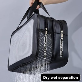 Q-WOOFF Cosmetic bag, toiletry bag, men, dry and wet separation, portable waterproof toiletry bag, make-up bag with large capacity, storage bag, black, simple