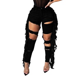 Tassel Jeans for Women Skinny Ripped Stretch Destroyed High Waist Denim Pants Black2290 Large