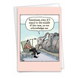 NobleWorks - 1 Funny Cartoon Birthday Greeting Card - Comic Humor, Happy Birthdays Celebration Card - Elephant in Room C9289BDG