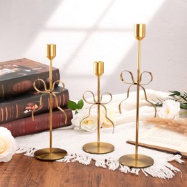 Bow Candle Holder - Bow Candlestick Holder Set of 3 Metal Gold, Modern Decorative Taper Candle Holder for Centerpiece Wedding Dining Table Holiday Housewarming Gift (Gold)