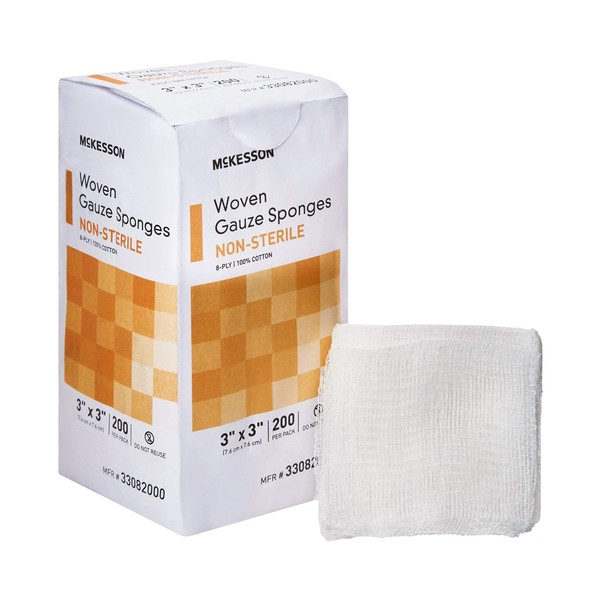 McKesson Woven Gauze Sponges, Non-Sterile, 8-Ply, 100% Cotton, 3 in x 3 in, 200 Per Pack, 20 Packs, 4000 Total