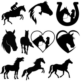 11 Cute Horse Fun Waterproof Stickers - Use on Car Bumpers, Laptops, Mirrors, Water Bottles, Scrabooking, Party Bag Fillers, Gifts (Black, 8cm (3.1") Pack)