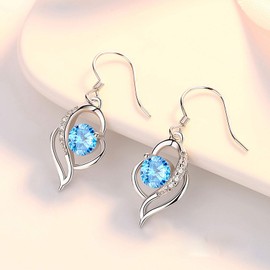 Kamise Jewellery Set Women's 925 Silver Love Silver Chain & Hook Earrings Hanging Set with Pink Cubic Zirconia, Heart Necklace and Hook Earrings, Romantic Gift with Gift Box for Mother Wife