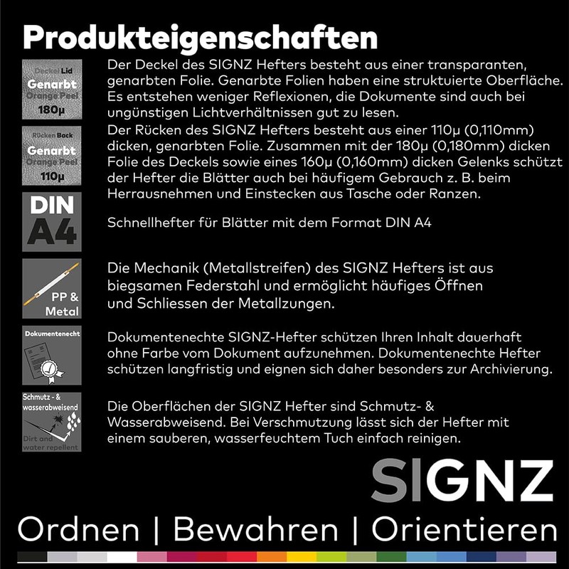 SIGNZ Schnellhefter DIN A4, stabil, 11 Farben, transparenter Deckel, CO2-neutral