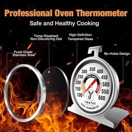 2-Pack Oven Thermometer, Upgraded 100-600°F No-Holes Non-Discoloring Easy-to-Clean for Healthier Cooking, Easy-to-Read with Large Bright Numbers for Gas &