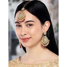 Aheli Stunning Indian Traditional Maang Tikka Earrings Set for Women Bollywood Ethnic Party Wear Fashion Jewelry for Women Maroon