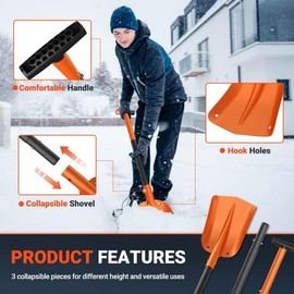 VOLTASK Snow Shovel for Car, Aluminum 3-Piece Collapsible, 32'' Lightweight Compact Sport Utility Shovel with Ice Scraper for Car Emergency, Camping, Garden, Beach