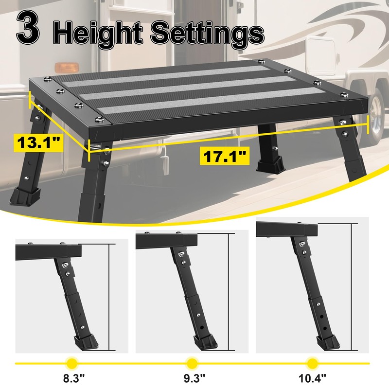 Oversized RV Step Stool 1000 lbs Capacity, Foldable Adjustable 3-Platform