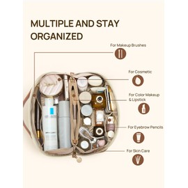 Telena Leather Make Up Bag Portable Travel Makeup Bag Waterproof Cosmetic Bags for Women Large Capacity With Handle and Divider Open Flat