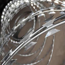 LMYYGOO 296 FT Razor Wire, Concertina Wires, 6 Rolls,Silver, with a Warning Sign