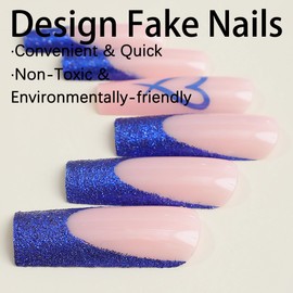 BABALAL Square Press on Nails Long Fake Nails Blue French Tip Glue on Nails Glitter Shiny Heart Design Acrylic Nails 24Pcs Squoval Manicure Artificial False Nails for Women and Girls
