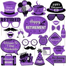 Purple and Black Retirement Decorations - 24PCS Retirement Photo Booth Props, Retirement Party Decorations for Woman, Happy Retirement Party Decorations, Cheers to Retirement Party Supplies