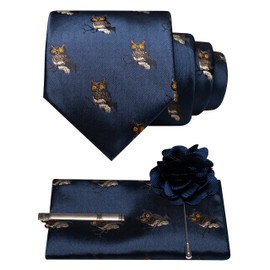 RBOCOTT Animal Owls Navy Ties for Men Novelty Fun Patterns Necktie and Pocket Square Tie Clip Lapel Pin Set 4PCS(12)
