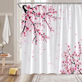Cherry Blossom Shower Curtain Pink Flower Pulm Watercolor Floral Japanese Asian Plant Nature Scenic Bathroom Home Curtain with Hooks,70" Wx70 H