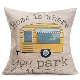 Fukeen Camping Throw Pillow Covers Home Decor Happy Camper Rv Car with Sweet Words Lettering Pillow Cases Cushion Cover 18x18 Inch Cotton Linen Pillow Shams Standard Camper Gifts Women Men