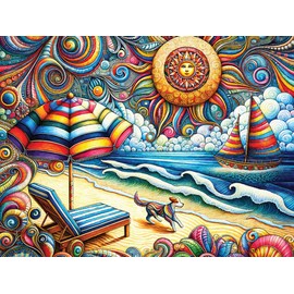 Heritage Puzzle Dog Days of Summer Jigsaw Puzzle - 550 Pieces, 24" x 18" - Colorful Beach Scene - Art by Peggy Collins - Made in U.S.A.