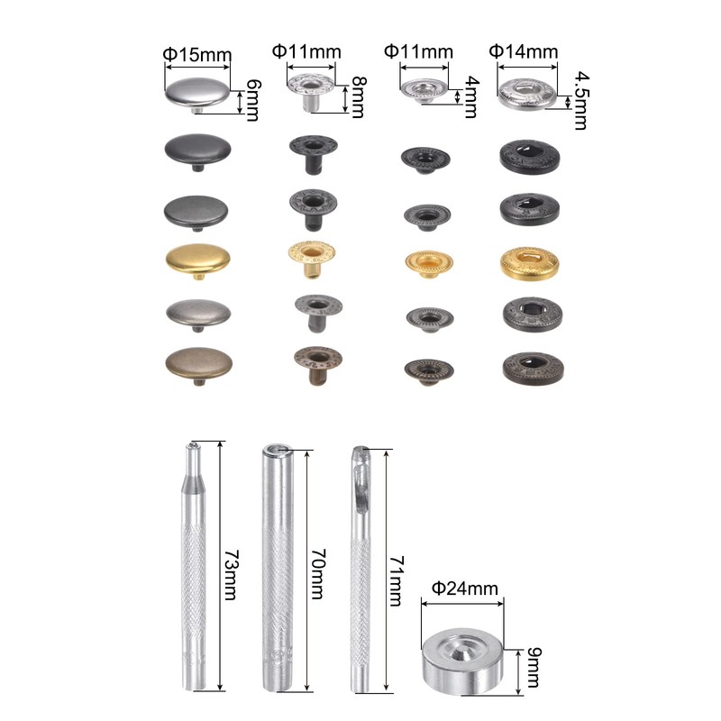 sourcing map 60 Sets Snap Fasteners Kit 15mm Metal Press