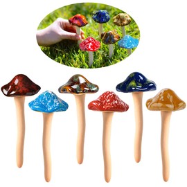 Purple Star Ceramic Mushrooms for Garden 6 Pack Small Mushroom Garden Decor Outside Outdoor Lawn Ornaments Decorative Plant Stakes Yard Pots Decorations Little Women Valentines Day Gifts Brown
