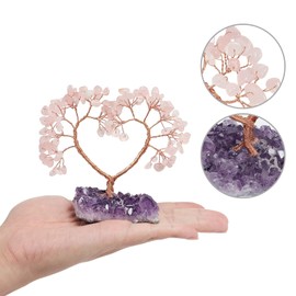 dssmboom Love Heart Rose Quartz Crystal Tree of Life on Raw Amethyst Cluster Base, Healing Stone Money Tree Bonsai for Meditation and Chakra Balancing