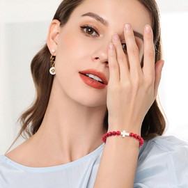 Cross Bracelet- Gemstone Bracelet with Turquoise Beads and Cross Pendant,Red Turquoise Bracelet, Baptism Communion Natural Stone Bracelets (Red Turquoise)