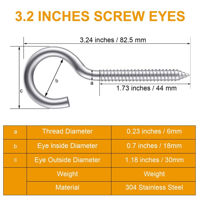ZUSFUL 3.2 Inches 304 Stainless Steel Screw Eyes 6 Pack,Heavy