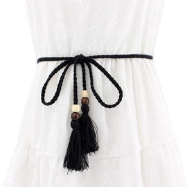 FAIRYGATE Womens Boho Belts Tassel Belt Long Rope Waist Beads Vintage Hair Band Thin Goddess Skinny Woven Belts for Dress Wedding Party Dance Show A1316