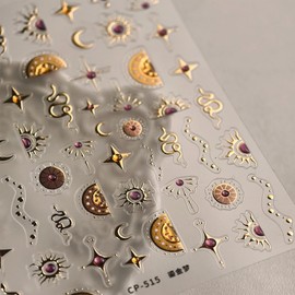 5D Embossed Gold Nail Art Stickers Self-Adhesive Star Moon Sun Nail Stickers for Nail Art Gothic Snake Design Nail Decals Gold Nails Supplies for Women Girls DIY Acrylic Nails Charms Decoration