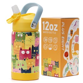 Pluseight Kids Insulated Water Bottle with Straw Lid, 350 ml, BPA-Free Double Wall Vacuum Tumbler, 18/8 Stainless Steel Leak-Proof Kids Cups with Straw for School, Travel, Boys, Girls (Kittens)