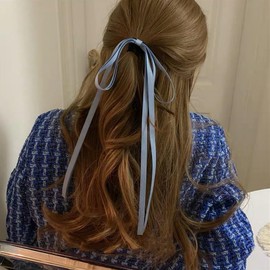 Blue Silky Satin Bow Hair Ties Tassel Ribbon Hair Bows for Women Girls Toddlers Long Tail Bowknot Hair Bands for Thick Hair Cute Stretchy Hair Rope Hair Ponytail Holders Sweet Hair Accessories