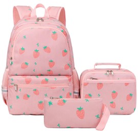 Octsky School Backpack for Teen Girls Cute Corduroy Kids Bookbag with Lunch Box Set, Pink/Strawberry