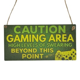 Second Ave Funny Caution Gaming Area Wooden Hanging Rectangle Home Bedroom Sign Plaque