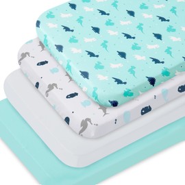 4 Pack Pack and Play Fitted Sheets Compatible with 4moms Breeze Plus Playard and Other 29" x 41" Large Playpen Mattress, Ultra Soft and Skin-Friendly, Aqua