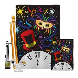 Mid Night Garden House Flags Kit New Year Clock Countdown Champagne Party Fireworks Celebrate Small Decorative Gift Yard Banner Made In USA 28 X 40
