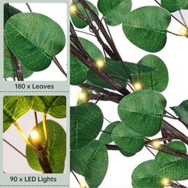 Lighted Eucalyptus Tree - 5FT 90 LED Light Up Eucalyptus Tree with 9 Branches, 180 Leaves, Remote 8 Flashing Modes, Timing, DC 5V Safe, Faux Artificial Lighted Trees for Decoration Inside and Outdoor