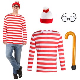 HTPARY Adult Red & White Striped Cosplay Costume for Men Stripes Christmas Costumes Set with Glasses Hat Inflatable Cane