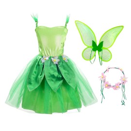 Lito Angels Green Fairy Costume for Girls Kids Fancy Dress Up Birthday Summer Party Outfits with Flower Wreath and Wings Headband Age 2-4 Years, M