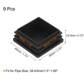 uxcell 9Pcs Square Plastic Plug Insert, 1.77" x 1.77" Black Plastic Plugs End Cap Tube Cover for 38-43mm Inner Size Metal Pipe Post Furniture Chair Legs