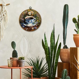 Mcehtle Vintage Coffee Floral Wall Art Decor, Retro Country Botanical Coffee Cup Framed Canvas Prints 10x10, Rustic Wildflower Round Wall Hanging Artwork Decorations for Kitchen Dining Room