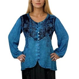 Agan Traders 2025 Summer Rayon Bohemian Tops for Women - Button Down Long/Short Sleeve Women Embroidered Blouse (601 B, L, BL) Blue