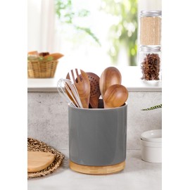 Nucookery 360° Rotating Utensil Holder, 7.2" Large Utensil Crock, White Ceramic Cooking Utensil Organizer with Countertop-Protection Cork Bottom for Farmhouse Kitchen Decor Gift (Gray)